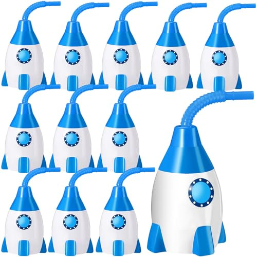 Tanlade Space Plastic Cup Bulk, Rocket Cup with Straw,12 Pcs,Blue