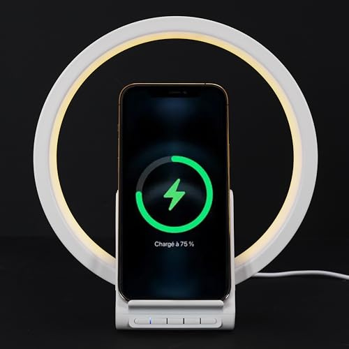 BE MIX, HT0113, Lampada Caricabatterie a Induzione con Altoparlante 5W, Tecnologia di Carica a Induzione, Altoparlante Integrato 5W, Cerchio Led Multicolore, design 2 in 1 Pratico, Facilità d'Uso