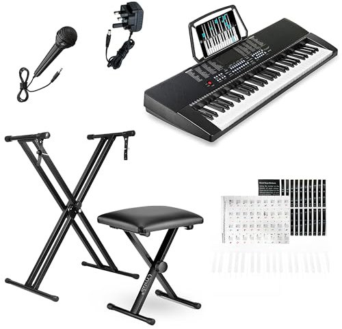 Crystals 61-Key Digital Piano Keyboard with Adjustable Stool & Double Braced X-Frame Stand – Beginner Electric Piano Keyboard for Learning with 24 Demo Songs, 255 Rhythms & Timbers, LED Display