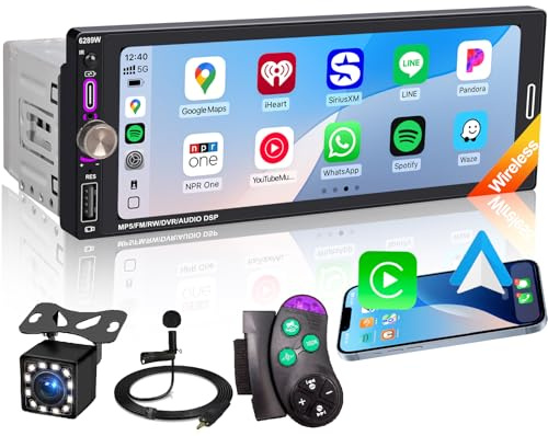 6.9 Single DIN Car Radio with Wireless Apple CarPlay, Car Bluetooth 5.2, AM FM Radio, IPS Touchscreen 1280x480, Backup Camera, Type-C Fast Charging, USB, 180W Subwoofer, Android Auto, GPS Navigation
