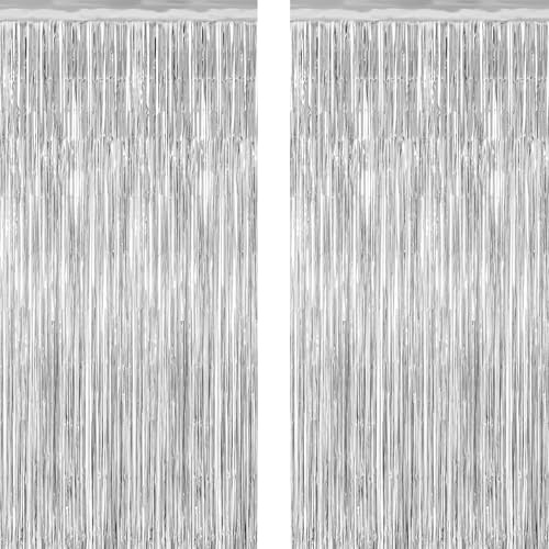 2 Pack Tinsel Backdrop, 3.28 FT x 7.05 FT Birthday Party Decorations, Silver Party Streamer Fringe Curtains Foil Backdrop, Metallic Silver Photo Props Party Supplies Party Decor
