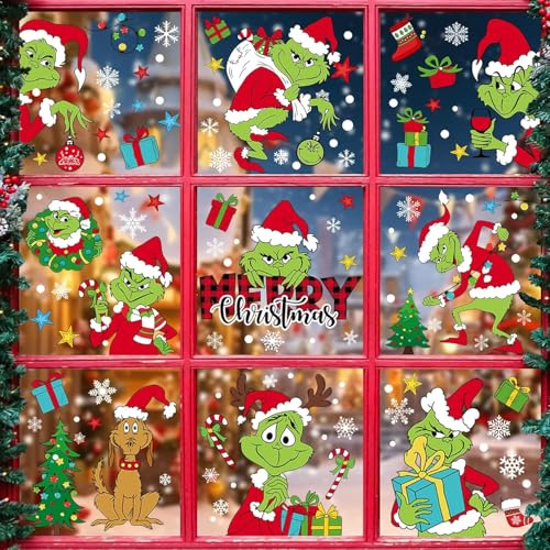 9 Adesivi di Natale Grinch, Decorazione Autoadesiva della Finestra, Adesivi a Doppia Faccia Grinch Fiocco di Neve, Decorazione Invernale di Porte e Finestre