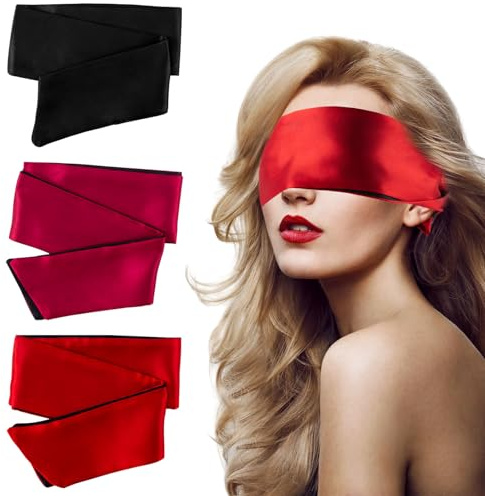 GWAWG Satin-Augenmaske, 3er Pack, Schwarz, Rot, Rosenrot - Schlafmaske, Augenbinde, Valentinstagsgeschenk, 145 cm