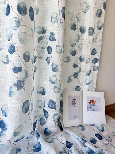 Daliena Rideau coulissant, aspect lin, semi-transparent, avec motif, style maison de campagne, long, pour salon, porte et fenêtre, (l x H) 140 x 120 cm, bleu, 1 pièce
