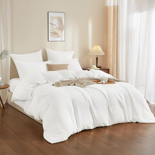 YASMENG Doppelte Muslin Bettwäsche 220x240 Weiß 100% Baumwolle Bettwäsche Muslin Weich Atmungsaktiv Kuschelige Bettbezug Set 3 Teilig mit Reißverschluss und 2 Kissenbezüge 80x80 cm