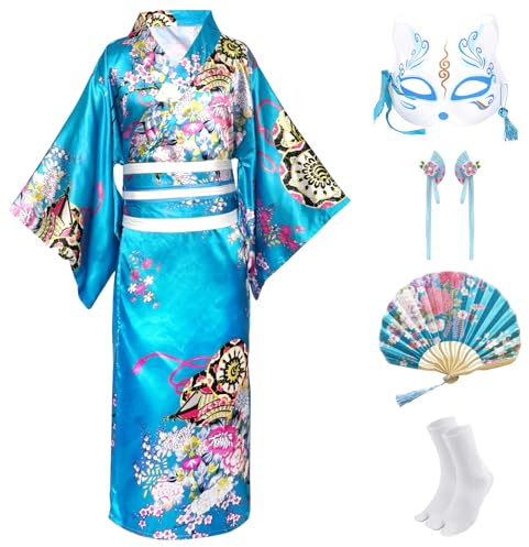 CRFASIBE 5 Pièces Kimono Japonais Enfants, Fille Robe Yukata Geisha Peignoir pour Spa, Enfants Déguisements Kimono Cosplay Ensemble de Costumes avec Accessoires(Bleu,140cm)