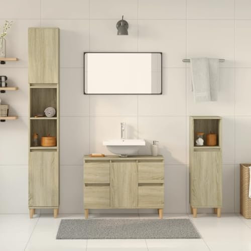 Gecheer Set Mobiletto Bagno Completo Moderno, 3 Pz Rovere Sonoma in Legno Multistrato