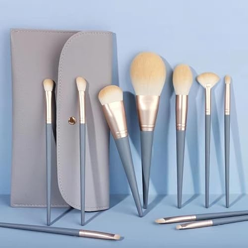 Juego de 12 brochas de maquillaje con bolsa de poliuretano, 10 brochas de maquillaje profesionales con un lazo plegable de limpieza Silionce y cepillo de labios Silionce, utilizado para rubor, base