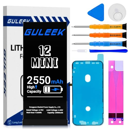 GULEEK Batterie pour iPhone 12 Mini, 2550mAh Haute Capacité Réelle, Kit Remplacement Complet avec Outils et Guide