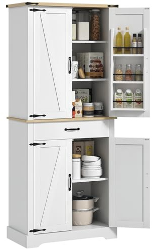 HOMCOM Armoire de Cuisine Buffet Cuisine vaisselier Meuble de Rangement avec 4 Portes, 6 étagères à Porte,1 tiroir et étagères réglables, 76,5 x 40 x 181 cm, Blanc