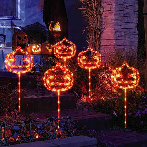 Halloween Kürbis Geister Solarlampen für Außen Garten 5er-Set,Wasserfest Solarleuchten für Terrasse & Wegbeleuchtung, Outdoor Draußen Grusel Lichter Patio Solarleuchten mit 8 Lichtmodi (Kürbis)