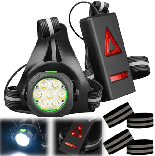Lauflicht mit Reflektoren, Brustlampe mit 2* Reflektierendes Armband, 3 Dimmstufen, 7 Lampenperlen,USB Wiederaufladbare Brustlampe zum joggen,Wasserdichte,Einstellbarer Abstrahlwinkel Lauflampe Joggen