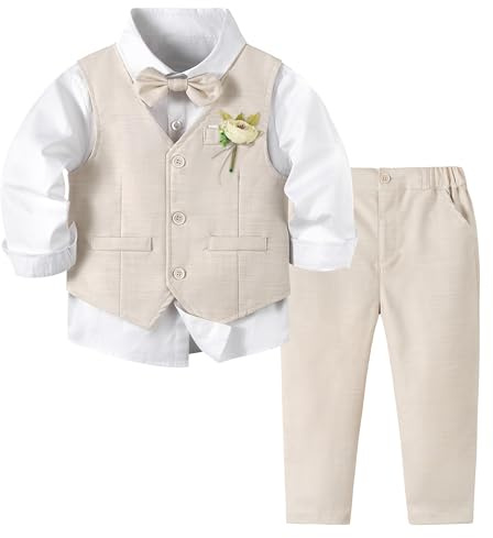 Volunboy Elegant klädset för barn, pojkar, bröllopsceremoni, kostym, 4 delar, långärmad skjorta + fluga + väst + byxor, Beige, 2-3 anni