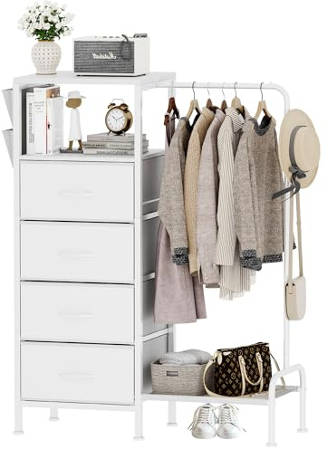 Homeiju Dresser with Hanging Rack, Reversible Dresser for Bedroom with 4 Drawers & Coat Rack & Side Pockets, Chest of Drawers with Clothes Rack, Kids Dressers for Bedroom, White