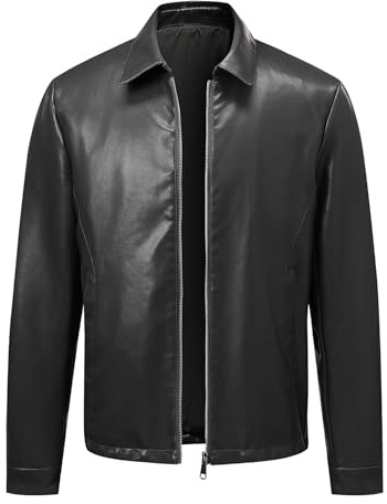 Allthemen Mens Faux Leather Jacket Lapel Collar Full Zipper | Mens Casual Motorcycle Biker Jacket Lightweight Bomber Coat Regular Fit Long Sleeve Jacket for Casual Wear