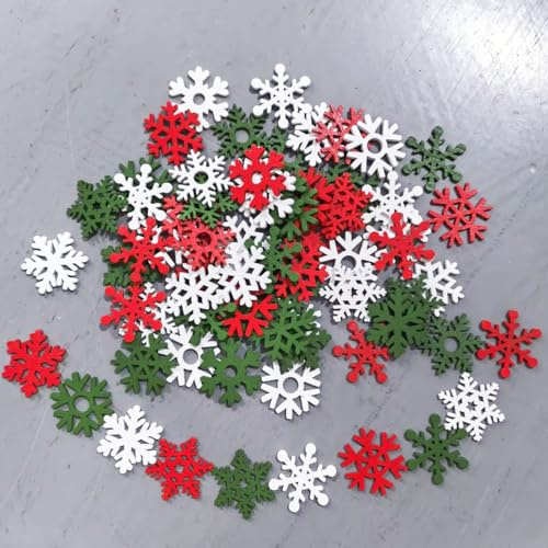 RUIYWEN 100 Stück 35mm Schneeflocken Weihnachtsbaumschmuck Holz Anhänger Streudeko Deko für Weihnachten Geschenkanhänger (Rot Weiß Grün)