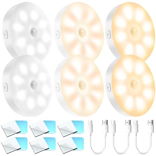 6pcs USB Wiederaufladbares Nachtlicht mit Bewegungsmelder - 3 Farben lampe mit bewegungsmelder innen Warmlicht LED-Licht,Schrankbeleuchtung für Treppenbeleuchtung,Schlafzimmer, Küche,Kinderzimmer