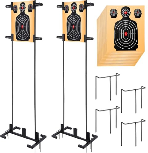 Soulchen 2 Pcs Adjustable Shooting Target Stand Set with 20 Paper Targets, Stable Paper Target Holder with Adjustable Base Metal Poles and Ground Nails for Cardboard Silhouette Shooting Practice