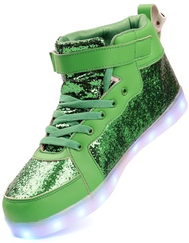 Glitter Led Light Up Shoes High Top Sneakers for Flashing Dancing Halloween Christmas Party with USB Charging Green 39