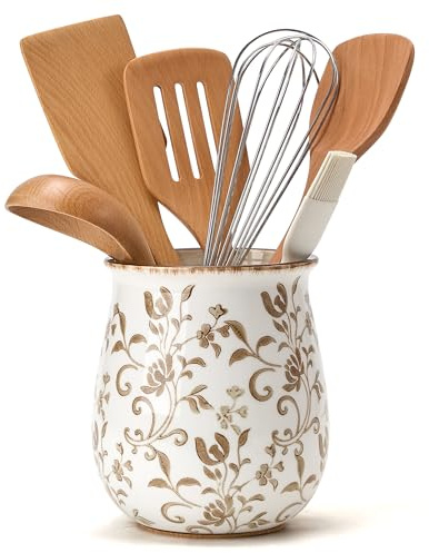Utensil Holder for Kitchen Counter, Modern Farmhouse Cooking Utensil Holder and Crock Home Kitchen Decor, Ceramic Utensil Organizer for Spatula, Ladle, Eggbeater, Rolling Pin- Brown Flower Patterns