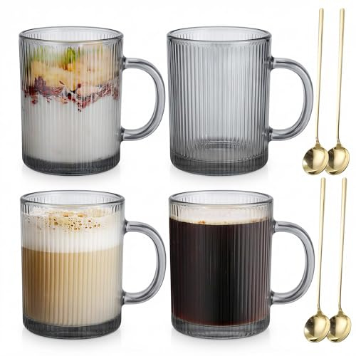 Anhow Tasse a Cafe, 350 ml Verre Matcha avec Cuillères Gris Lot de 4 Verre a Eau rayé pour Cappuccino, Expresso, Latte, Thé, Lait, Jus Boissons, Gris, 350 ml