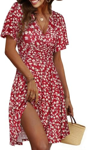 Cicy Bell Women's Floral Summer Dress A-Line Mididress with V Neck Wrap Short Sleeve Casual Beach Party Dresses