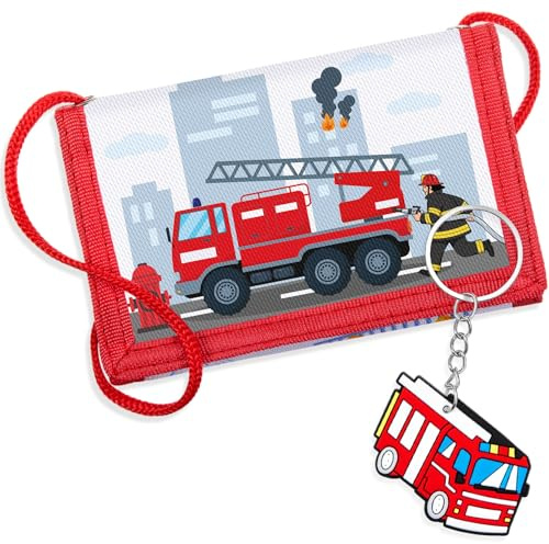 Hestya Porte-Monnaie pour Enfant Garçon Fille Portefeuille en Nylon avec Porte-Clés Pochette Tour de Cou de Voyage Portefeuille à Trois Volets Cadeau d'anniversaire (Pompiers)