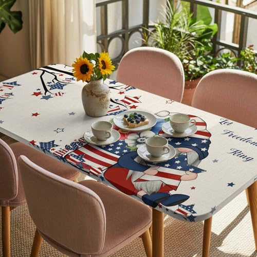 Litter Star Fitted Tablecloth for 3ft Table, Independence Day Dwarfs Fitted Elastic Edge Table Cover for Rectangle Tables, Opium Poppy on Retro Linen Waterproof Tablecloths for Kitchen