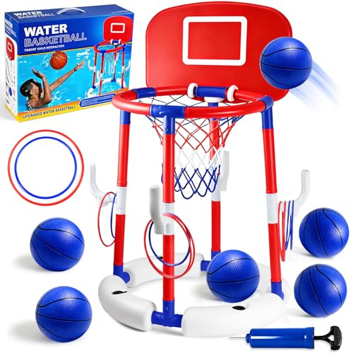 Joellfuner Canestro da Basket per Piscina, Canestro Piscina Galleggiante, Set da Canestro Basket Piscina, con 6 Palloni e Pompa, Gioco Acqua Cerchi da Lancio, Giochi Piscina per Bambini Adulti (Rosso)