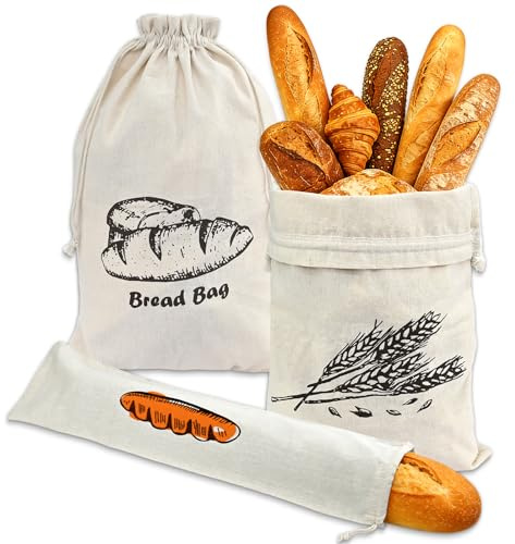 QEEYON Linne-brödpåse set om 3 (2 x 45 x 30, 1 x 16 x 64 cm) – håller bröd färska längre – brödväska, brödväska med dragsko – återanvändbar för bröd, bröd och stavbröd