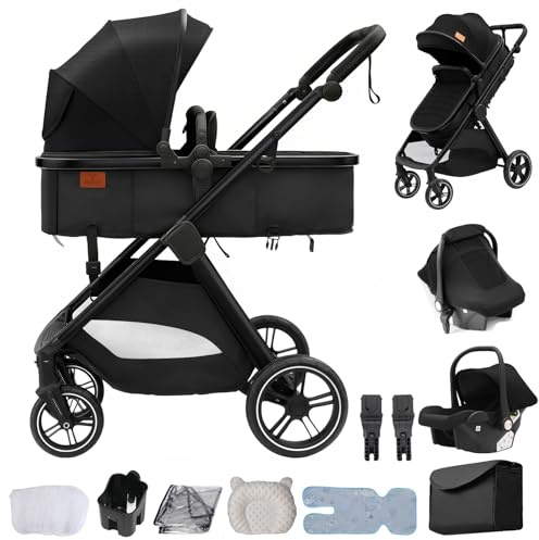 Oubeauou Ppasseggino trio, Sistema modulare, da neonato a bambino, per tutti i terreni, pieghevole con una sola mano, passeggino alto, carrozzina convertibile