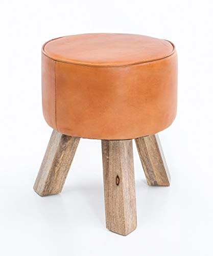 FineBuy Sitzhocker Rund 37x45x37 cm Massivholz mit Lederbezug | Fußhocker im Country Style, Turnbock Lederhocker mit Holzbeinen, Beistellhocker für Wohnzimmer und Flur