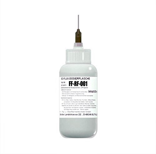 EO-Flux-Dosierflasche FF-RF-001 (No-Clean Elektronik-Rework-Flux/Flussmittel mit 4,0% Feststoff), Luer-Lock Flasche mit 50 ml Inhalt und Dosiernadel aus Teflon (385000211)