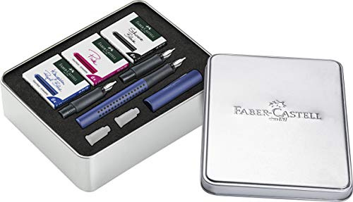 FABER-CASTELL 201507 - Set de caligrafía Grip 2011, pluma estilográfica con tres grosores de plumín diferentes, 6 cartuchos negros, rosas y azul real cada uno.