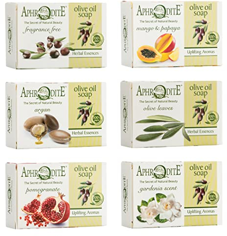 Aphrodite Olivenöl-Seifen-Set 6er – Naturseife aus Griechenland mit 100% Olivenöl (Duftfrei, Mango & Papaya, Argan, Olivenblätter, Granatapfel, Gardenie) – Hand- & Körperseife