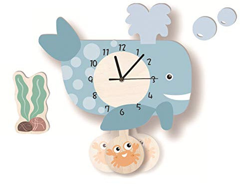SWECOMZE Kinder Wanduhr, Wal-Wanduhr aus Holz, Lautlos Uhrwerk Holzwanduhr, Wanduhr Ohne Tickgeräusche, Wanddeko für Kinderzimmer