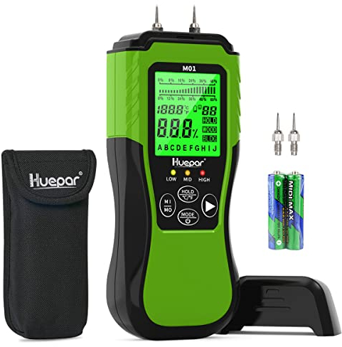 Wood Moisture Meter, Huepar Firewood Moisture Tester Pin-Type Wood Humidity Detector with 8 Modes Drywall Moisture Detector Professional Moisture Content Meter with Backlit LCD Display for Humidity