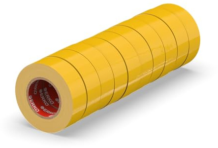ERKO Cinta Aislante PVC 15mm x 10m, 10u, Amarillo | Resistente al agua, autoadhesivo y flexible, ideal para electricistas, reparación de cables y bricolaje