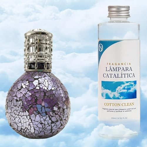 Pack Ahorro Lámpara Catalítica Mosaico Azul Océano + Fragancia Aroma Cotton Clean 200ml. Elimina malos olores e impurezas, perfuma y limpia.