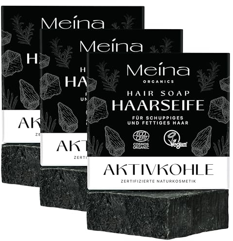 Meina Naturkosmetik - Schwarze bio Haarseife gegen Schuppen und fettiges Haar mit Aktivkohle, Zertifiziert, Vegan, Nachhaltig, Handgemacht, Plastikfrei, Ohne Palmöl, Wie ein festes Shampoo - 80g …
