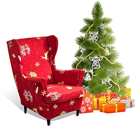 Highdi 2-Teilig Ohrensessel Bezug Rote Weihnachten Sesselbezug, Sesselüberwürfe Ohrensessel Überzug Stretch Sesselhusse mit Armlehne für Ohrensessel, Relaxsessel, Fernsehsessel (Goldener Elch)