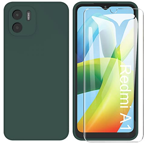 ARRYNN Funda Xiaomi Redmi A1 / Redmi A2 4G con Cristal Templado Protector de Pantalla,Verde Ultra Slim Protectora Funda de Silicona Líquida Suave Case Cover para Xiaomi Redmi A1 / A2 - Verde1
