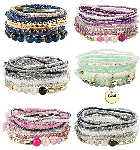 JeryWe 44 Pcs 6 Set Boho Beaded Bracelets for Women,Multi-Layer Stretch Bangles Charm Tassel Bracelet Stackable Elastic Bracelet