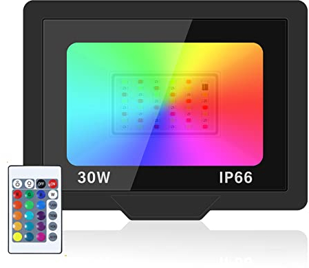 PICAA Projecteur LED extérieur de sécurité, 30W RGB changeant de couleur avec télécommande IP66 étanche à intensité variable, applique murale pour scène de fête de jardin (1 paquet)
