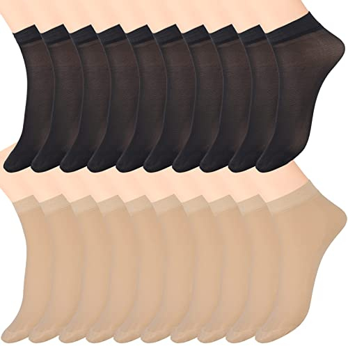 Firtink 20 Pairs Women's Nylon Ankle Socks Thin Sheer Pop Transparent Ankle High Hosiery Socks Silky Breathable Hosier for Women Girls, Black