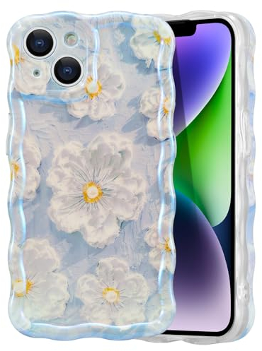 EYZUTAK Handyhülle für iPhone 13,Bunte Vintage Ölgemälde Blume Lockiges Wellen Rahmenform Weiche TPU Case,Mode Langlebige Handyhülle mit Laserblume Ultra Dünne Stoßfeste Schutzhülle für Mädchen-Blau
