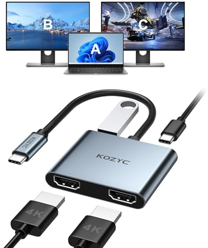 USB C to Dual HDMI Adapter 4K@30Hz, KOZYC USB C Hub Multiport Adapter with 2xHDMI, USB 3.0, 100W PD, Support Splitter function Extended Display for MacBook Pro Air Dell (MST For Windows Only)