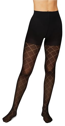 Hanes EcoSmart Diamond Outline Women's Fashion Tights, Control Top, Sheer Toe, Black, Size Large (Pack of 1)
