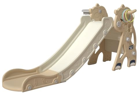 Zkiprm Toboggan Plié Allongé (152x68cm, Rutsche 142cm), Multifonctionnel Toboggan Exterieur Enfant Bebe avec Marches Antidérapantes, Panier de Basket, Jouets, Tapis Antidérapants,1-3 Ans