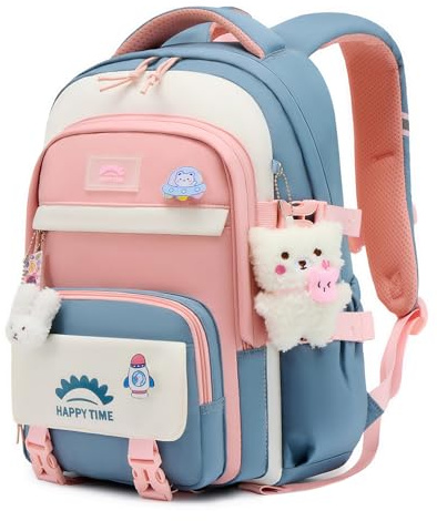 Tanou Mochilas Escolares Niña, 20 Litros Mochila para Niñas con Colgante de 8 a 12 Años, Ligera e Impermeable Mochila Kawaii Escolar de Nailon para Niñas, Azul